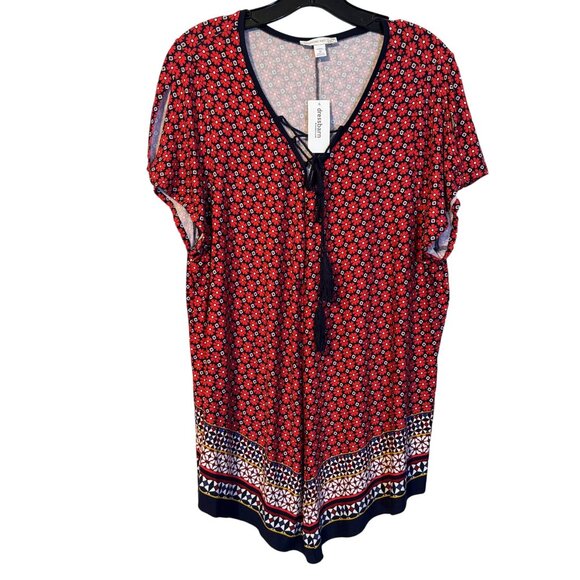 Womens Westport 1962 Red & Black Floral Print Short Sleeve Top Sz 1X With Tassel - Picture 1 of 12